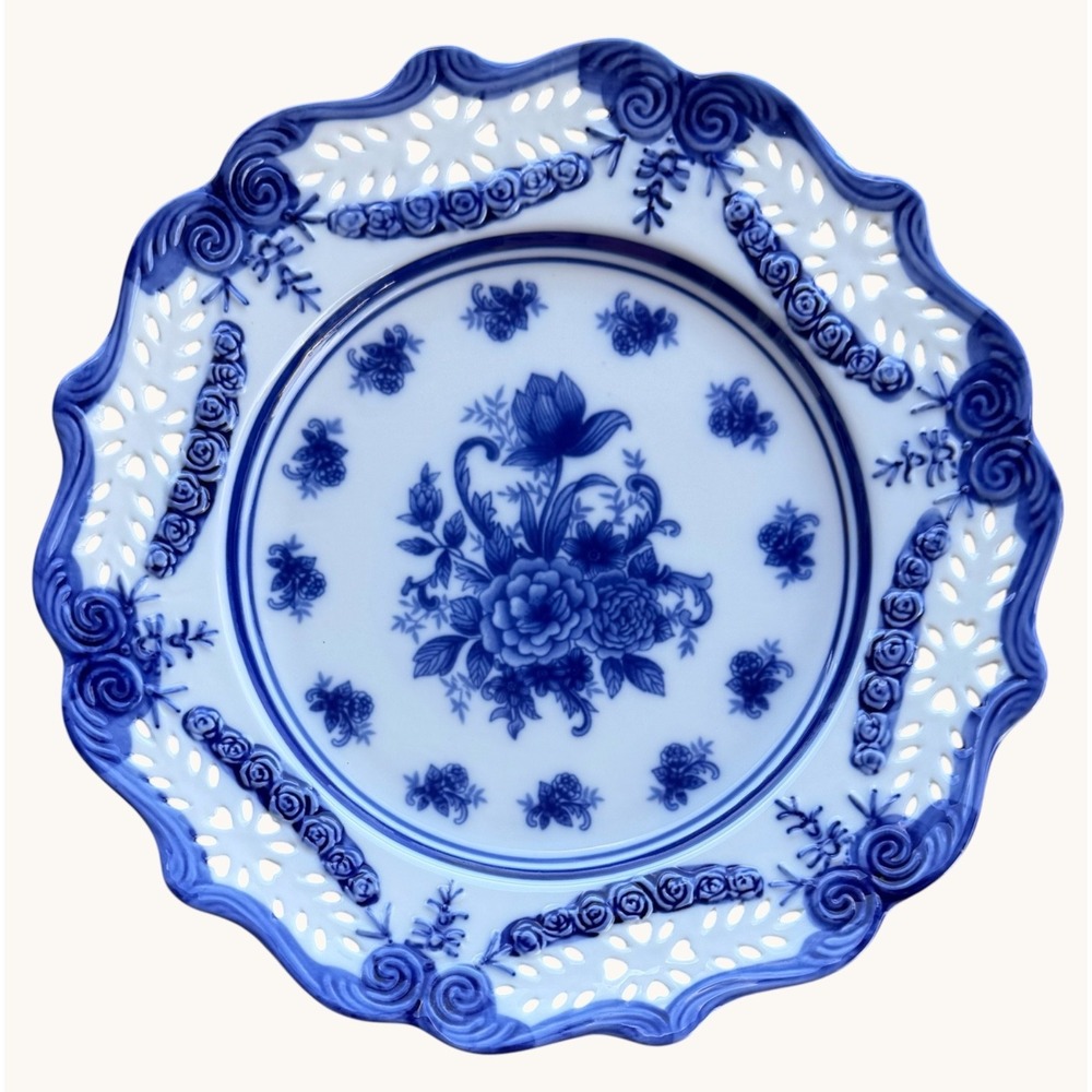 Vintage Blue & White Torte Platter 13.25" Pierced Lattice Edge Scalloped Floral